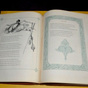 May include: An open book with aged pages, featuring detailed illustrations and text. The left page displays a banner with the word "The Founder" and a drawing of a figure. The right page has a decorative border and text.