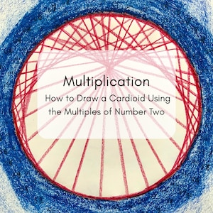 May include: A colorful, hand-drawn illustration with the word "Multiplication" in the center. The image shows how to draw a cardioid using multiples of two. The design features a red and white cardioid shape surrounded by a blue border.
