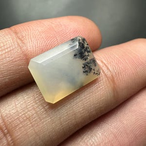 May include: A rectangular gemstone with a faceted design and a distinctive dendritic pattern. The stone has a translucent white base with yellow and grey tones. The dendritic inclusions look like small, dark tree-like formations.
