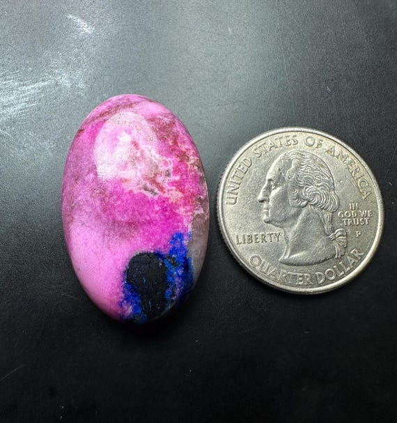 Pink Cobalto Calcite with Blue Azurite & Hematite Cabochon Oval (42.85 Ct, 33x19mm)