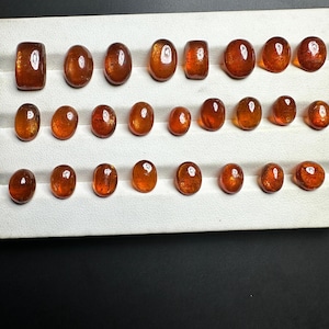 May include: A collection of 24 oval-shaped gemstones, ranging in size and color, displayed on a white tray. The gemstones are a deep orange-brown color with a slight shimmer.
