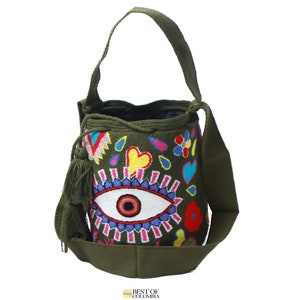 Mochila Wayuu Eye - Tapiz Grande con Correa Corta y Larga Verde Militar / Carteras Etnicas , Carteras Artesanales , Artesania Colombiana