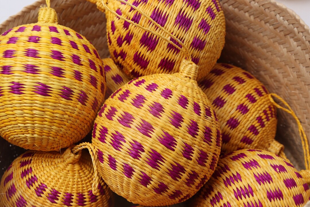 Handwoven Ornaments Balls Raffia/straw Yellow & Purple Etsy