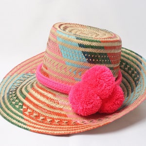 Chapeau Wayuu multicolore tissé à la main avec pompons 3 tailles, petit, moyen et grand image 5