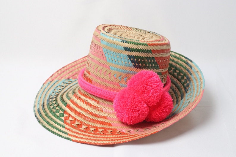 Chapeau Wayuu multicolore tissé à la main avec pompons 3 tailles, petit, moyen et grand image 5