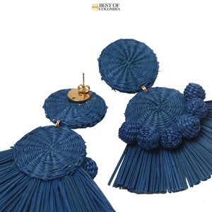 Royal Blue Iraca Palm Earrings Handwoven with GoldWash Cluster Back Raffia image 2