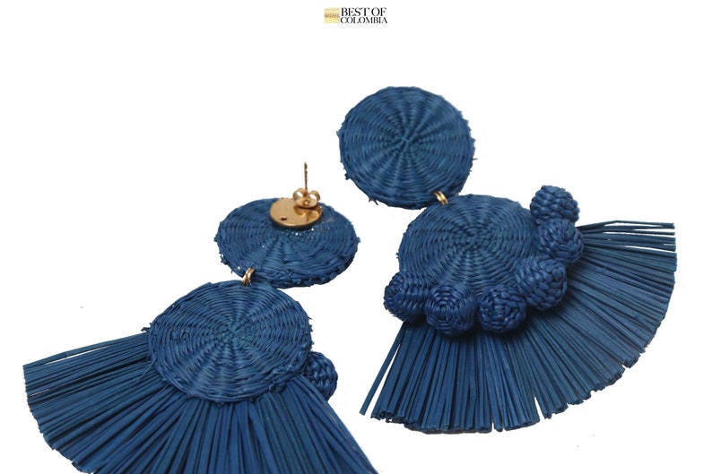 Royal Blue Iraca Palm Earrings Handwoven with GoldWash Cluster Back Raffia image 2