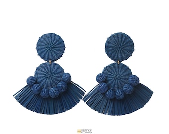 Royal Blue Iraca Palm Earrings -  Handwoven with GoldWash Cluster Back - Raffia