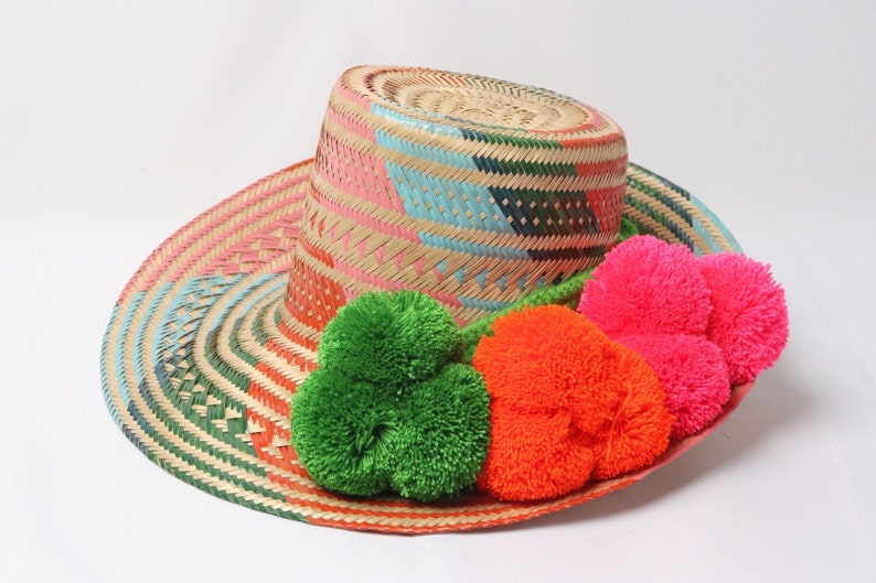 Chapeau Wayuu multicolore tissé à la main avec pompons 3 tailles, petit, moyen et grand image 1