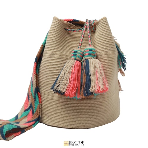 Large Beige Wayuu Mochila Bag With Pompom & Tassels - Etsy
