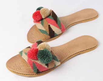 Handwoven Pompom Sandals - Blush Pink Theme Slippers  (Pink Green and Beige Beach Sandals)