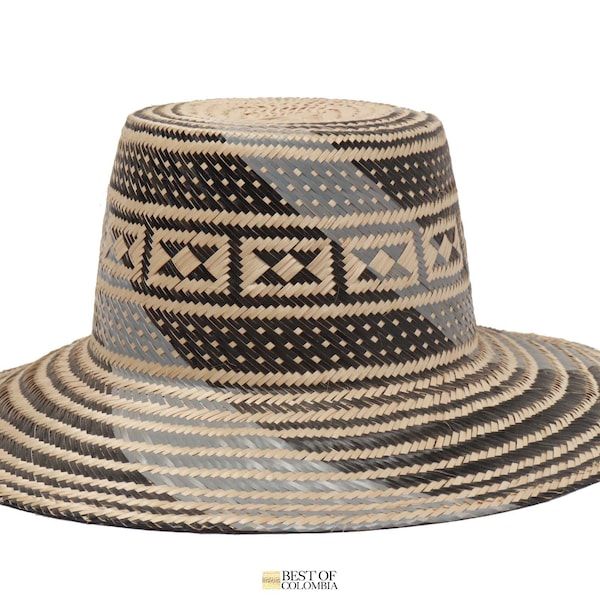 Chapeau de paille noir et gris 100 % tissé à la main - Chapeaux Wayuu Toutes les tailles