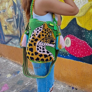 Large Tiger Wayuu Mochila Bag - Strap + Handle Tapizada