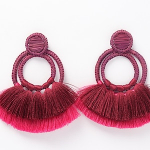 Palm Earring with Tassels Earrings Burgundy-Pink