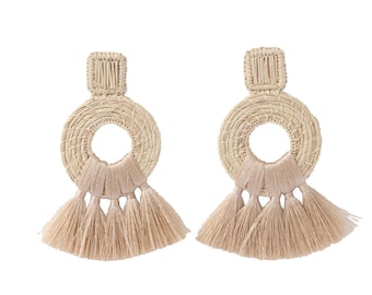 Iraca Palm Earrings Tassels- Handwoven with GoldWash Cluster Back - Natural Color Raffia