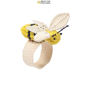 Bienen-Serviettenringe - 6er-Set Iraca Palmen-Strohhalter, handgewebte Raffia-Serviettenringe, Frühlingstischdekoration, Gartenparty-Akzent