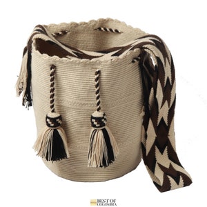 Mochila Wayuu Beige con Borlas Especiales - Mochila Wayuu Grande / Bolsos Tejidos, Carteras Etnicas, Bolsos Artesanales, Artesania Colombiana, Bolsos Wayuu