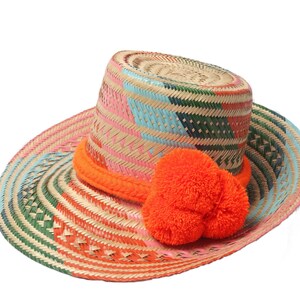 Chapeau Wayuu multicolore tissé à la main avec pompons 3 tailles, petit, moyen et grand image 2