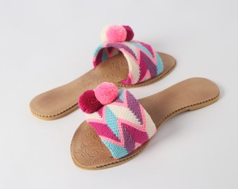 Pink Purple Pompom Sandal handwoven - casual , beach summer sandals Slippers