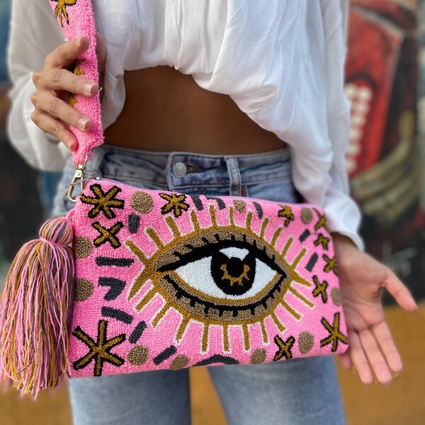 Pink Evil Eye Clutch + Removable Strap