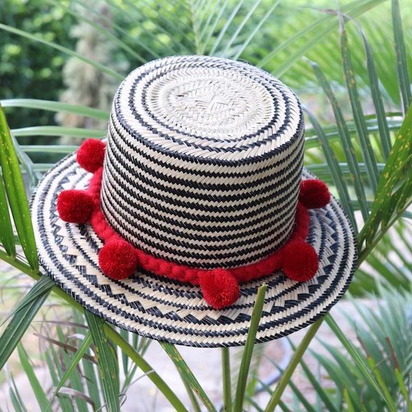 Black Stripes Unisex Straw Wayuu Hat - Short Brim, Double Phase