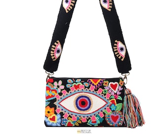 Floral Evil Eye Clutch + Removable Strap