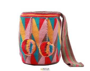 Grand sac à mochila Wayuu coloré avec pompons - Crochet tissé main