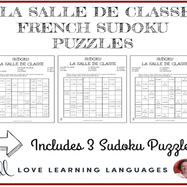 French Classroom Vocabulary - L'École - Sudoku Puzzles - Homeschool