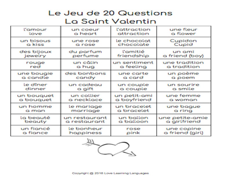 printable download French Valentine/'s Day La Saint Valentin 20 Questions Game