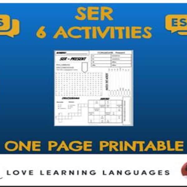 Spanish Verb SER Worksheet - Present Tense - 6 Activities - One Page Printable - Homeschool
