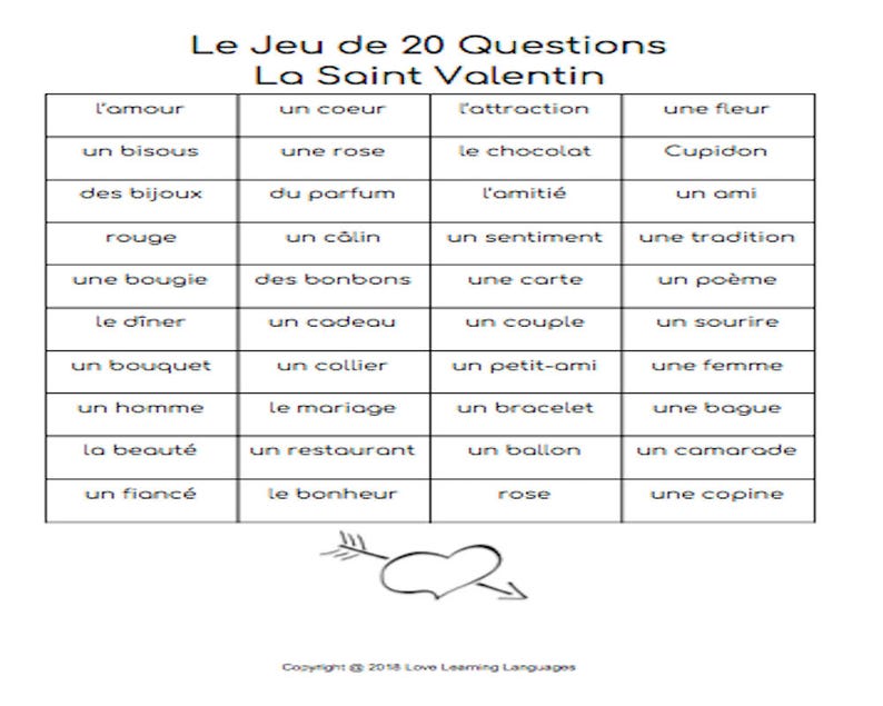 printable download French Valentine/'s Day La Saint Valentin 20 Questions Game