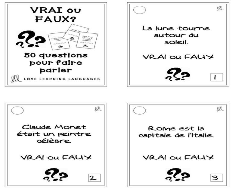 50 vrai ou faux French question cards for speaking Etsy