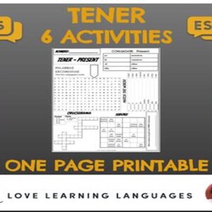 Spanish Verb TENER Worksheet - Present Tense - 6 Activities - One Page Printable - Homeschool