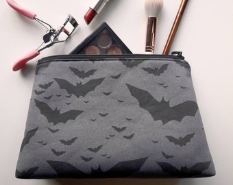 Gothic Makeup Bag, With bat print, Sturdy black gray zipper pouch, Handmade from cotton, Large cosmetic purse