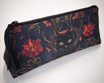 Gothic cat makeup bag small, 100% cotton with zipper