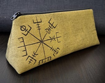 Vegvisir linen pouch, For cosmetics or pencils, With pagan style painting, Handmade from linen and cotton, Spacious army green and black bag