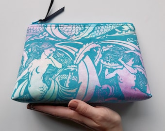 Mermaid make up Pouch, With sea siren print, Handcrafted from turquoise, pink and black cotton