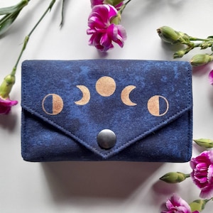 Tarot Bag with Moon Phases, Handpainted gold black and blue card case, For standard size deck, In horizontal shape