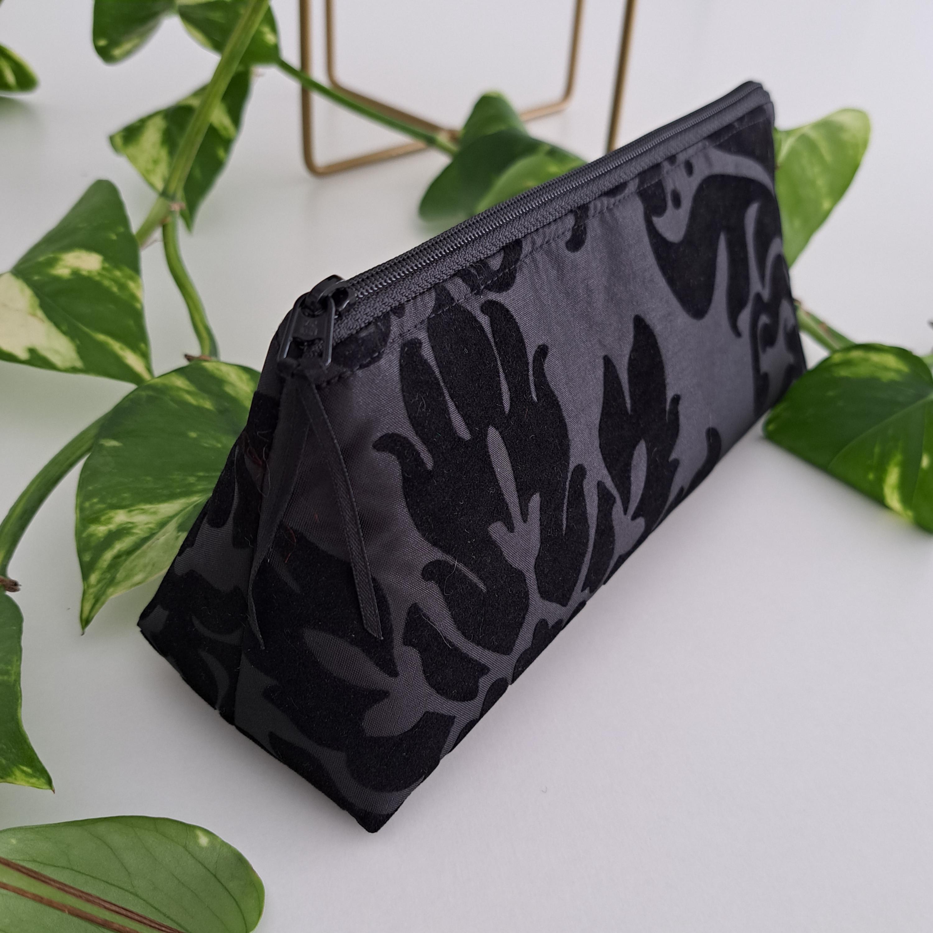 Gothic makeup bag, Black damask pencil case, With burned velvet ornaments, Triangular edge taffeta purse, For storing cosmetics