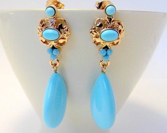 Art Nouveau earrings Art Dèco drop earrings turquoise blue gold 14 KT demirouge 1920s style filigree Italian vintage jewel