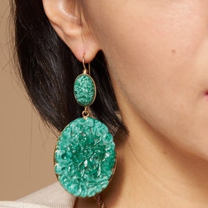 Flower Drop Earrings, Green Gold Earrings, Art Nouveau Earrings, Vintage Victorian Style Earrings, Antique Italian Jewelry, Italy