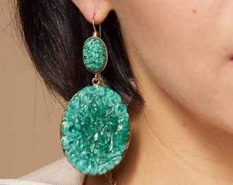 Flower drop earrings, gold green earrings, Art Nouveau earrings, vintage Victorian style earrings, antique Italian jewelry, Italy