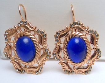 Sapphire blue gold earrings, crystal drop earrings, vintage style earrings, antique Italian jewelry, Art Deco earrings, Italy