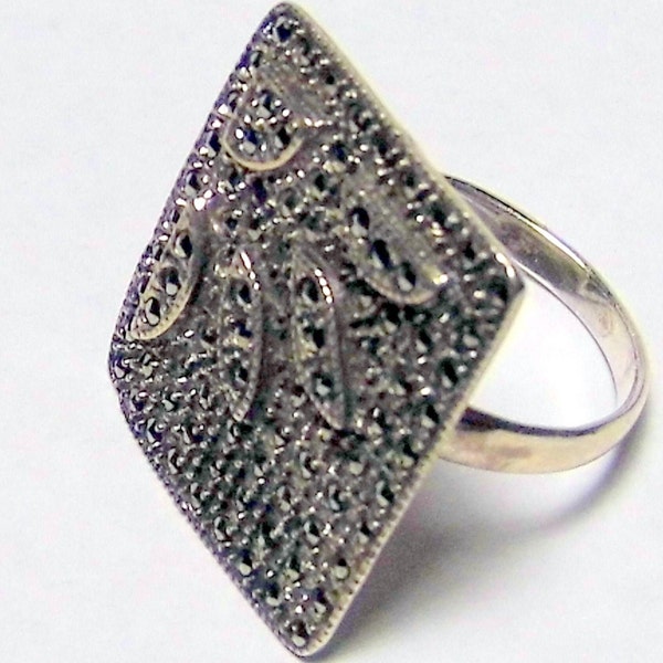 925 Sterling Silver Marcasite Ring Art Deco Art Nouveau Style Ring Size ITA 16 US 7 1/2 Leaves Nature Inspired Jewelry