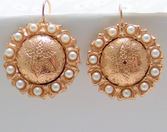 Drop earrings with pearls, handcrafted golden earrings, antique style earrings, handmade Italy jewelry, elegant earrings, gold
