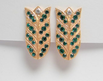 Clip earrings, wheat ears earrings, vintage style clip earrings, earrings without hole, brilliant crystal earrings, golden green