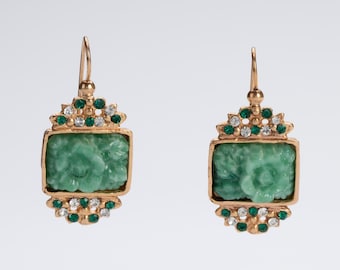 Green Jade Rose Glass Paste Drop Earrings, 14K Gold Plated, Crystals, Victorian Vintage Style, Handmade in Italy, Unique Gift