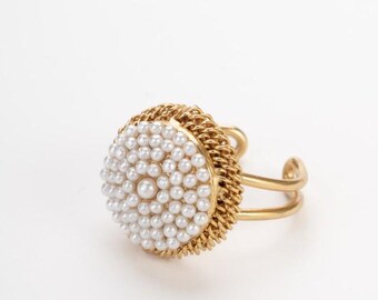 Anello Regolabile Perle Imitazione Dorato Oro 14K | Gioiello Elegante Vintage Edoardiano Donna | Artigianale Made in Italy | Regalo Italiano