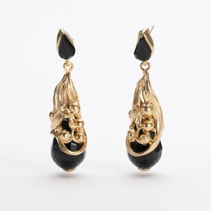 Art Nouveau Style Earrings | Black Crystal Drop | Handmade Italy | Statement Jewelry Gold Plated | Timeless Elegance | Gift