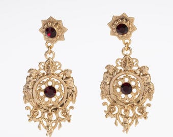 Baroque Angel Pendant Earrings with Precious Gold Plating and Crystals Authentic Italian Craftsmanship, Elegant Alloy Artistic Jewel
